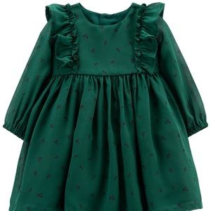 Carters Infant Green Long Sleeve Ruffle Holiday Dress Size 12M